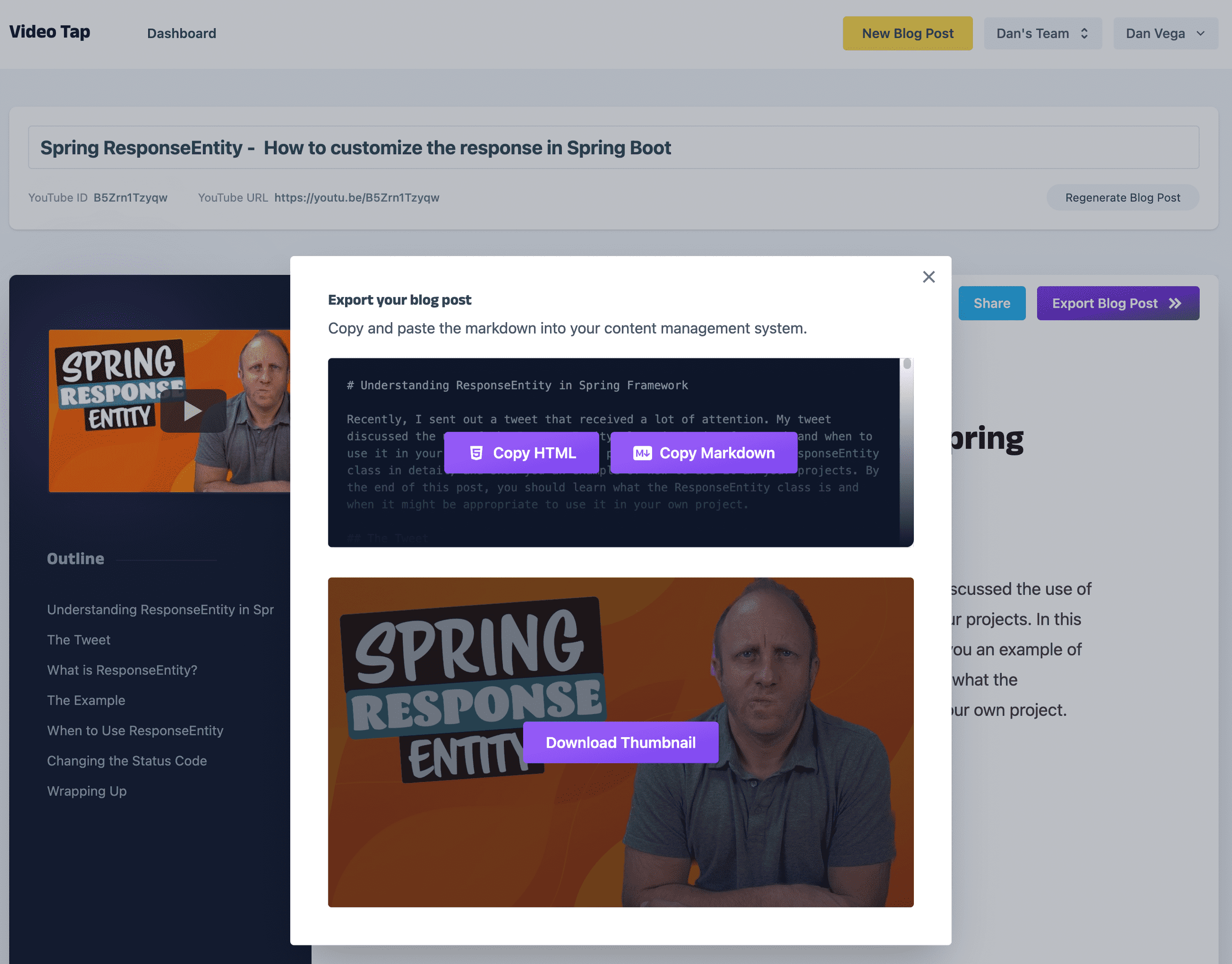 Export Blog Post from VideoTap as Markdown
